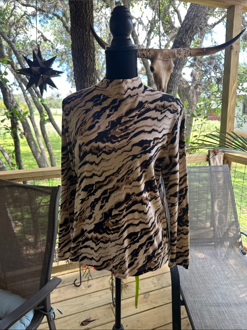 Kim Rogers Animal Print Long Sleeve Top - Beige, Black & Brown